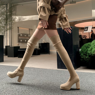 秋冬皮靴防水台粗跟高跟过膝长靴增高瘦瘦靴杏色靴子绒面长筒靴LB