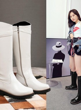 漆皮亮皮女鞋白色靴子女学生鞋低跟平底高筒靴骑士靴大码女靴 CHD