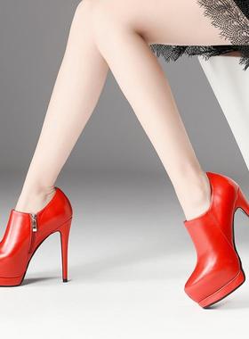 鞋子性感防水台细跟高跟单鞋深口红色女鞋婚鞋新娘全皮真皮女 RQJ