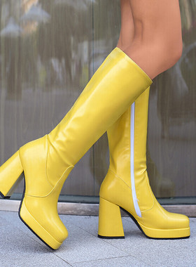 秋冬皮靴方头鞋粗跟高跟高筒靴女酒红色棕色黄色靴子大码女靴HDL