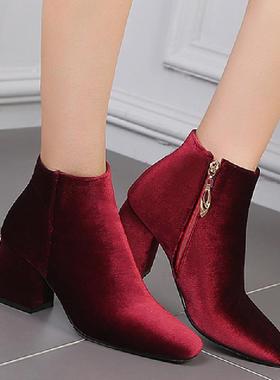 女鞋婚鞋绿色酒红色金丝绒特大码短靴子 40-48 小码 32 33 yya