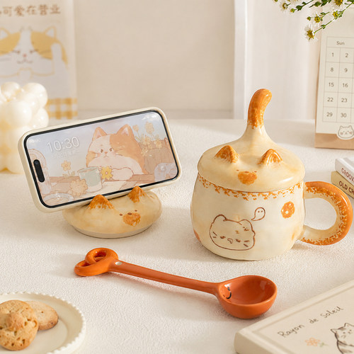 猫咪陶瓷马克杯带盖勺可爱礼物