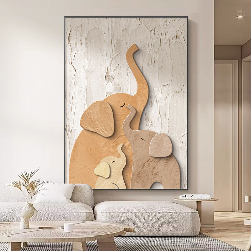 侘寂风入户玄关装饰画大象寓意好沙发背景墙挂画抽象肌理落地壁画