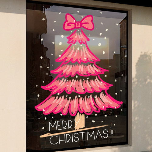 圣诞节装饰品场景布置贴画橱窗贴粉色蛋糕裙圣诞树玻璃门贴纸窗花
