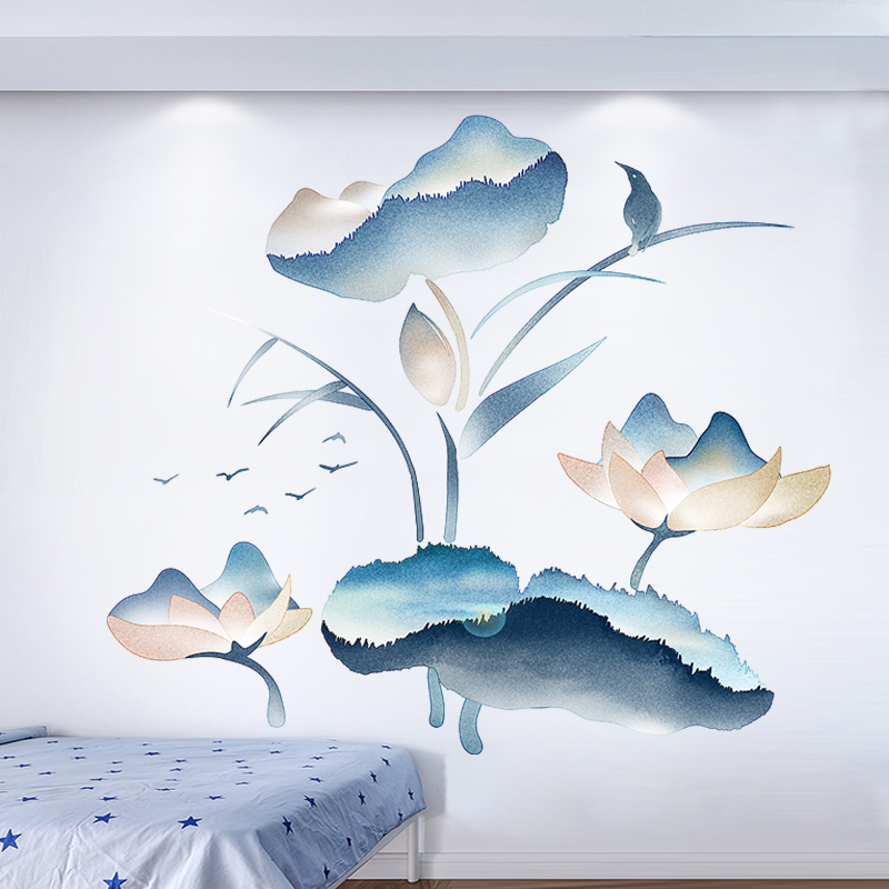 新中式水墨古风写意荷花卧室背景墙纸自粘壁画床边装饰竖版墙贴画
