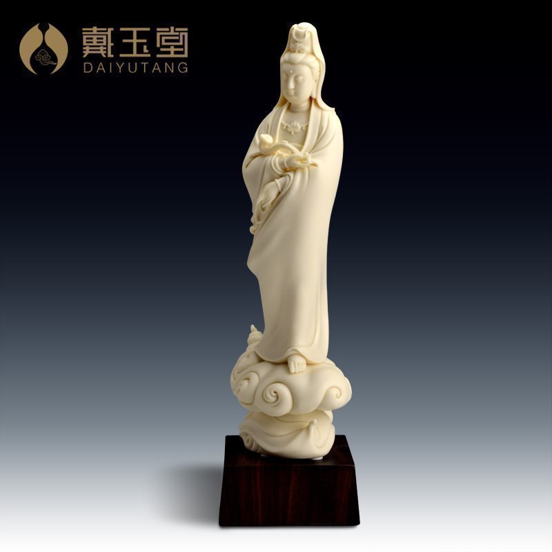 戴玉堂陶瓷摆件《玉黄瓷祥云如意观音》林建胜手签佛像限量艺术品