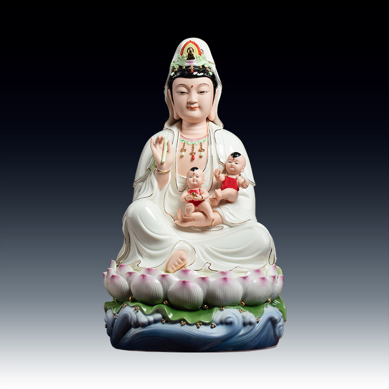 戴玉堂陶瓷摆件《送子观音 2男孩》观世音菩萨像佛像客厅供奉家用