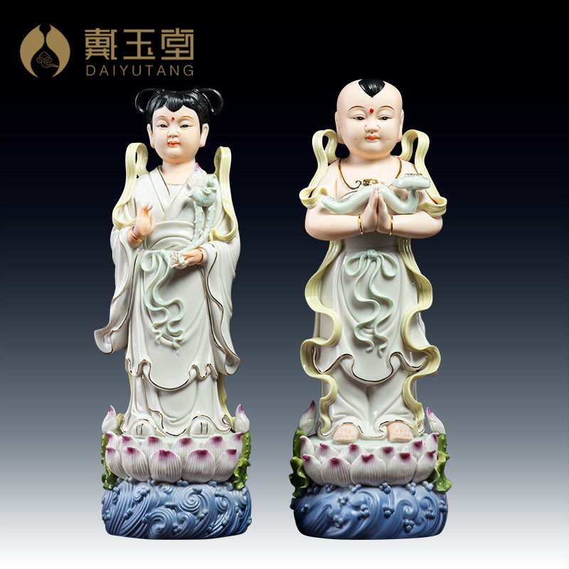 戴玉堂陶瓷摆件《金童玉女描金彩》善财童子龙女佛像一对供奉家用