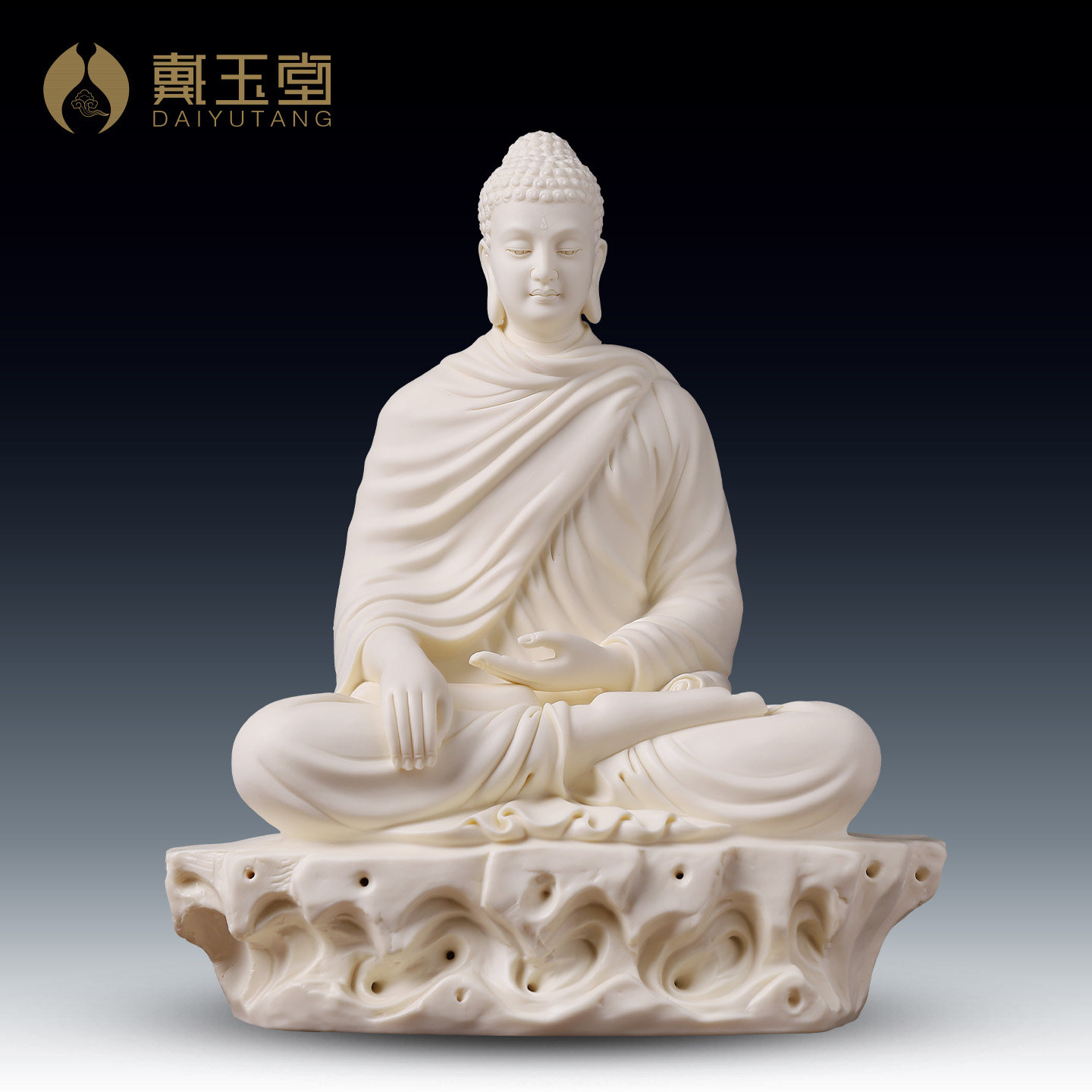 戴玉堂李光涌《坐岩释迦牟尼佛黄素烧》德化白瓷佛像供奉家用摆件