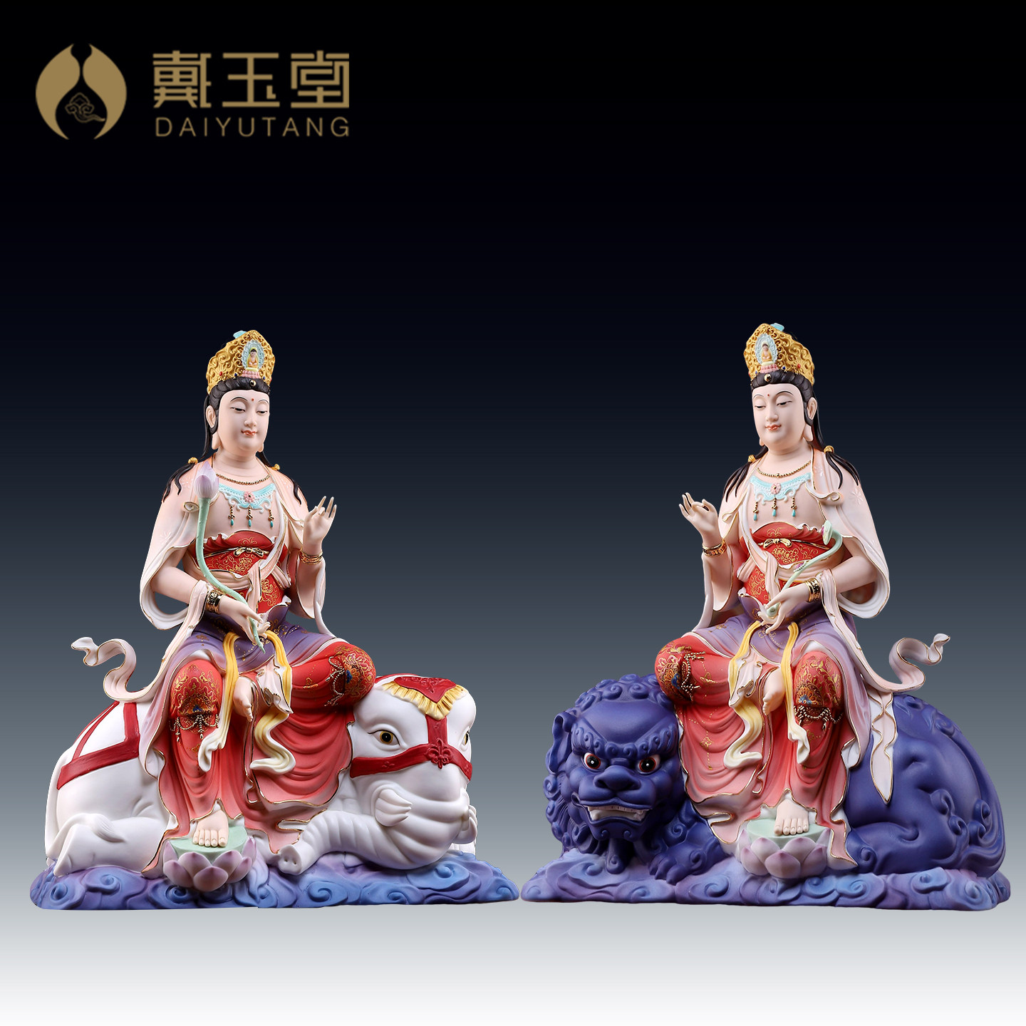 戴玉堂 陶瓷文殊菩萨普贤菩萨坐像摆件华严三圣家用家里供奉佛像