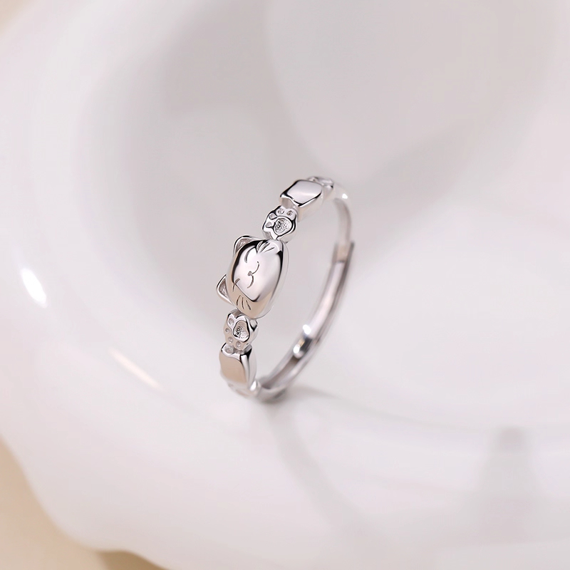 S999足银招财猫戒指2026款小众设计食指中指开口纯银戒指国潮单戒