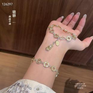 9999纯银手链女描金吉言貔貅足银新中式 国风五帝铜钱钱币国潮送礼