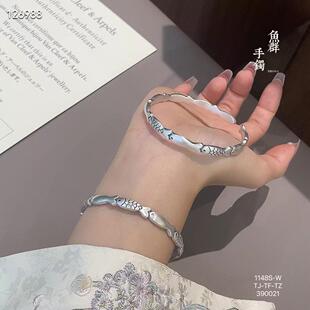 足银9999开口手镯女纯银做旧复古新中式 锦鲤小鱼小众情侣手环新款