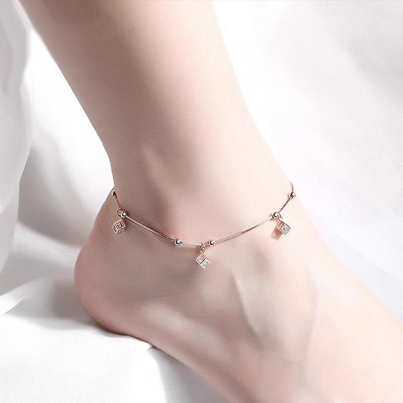 足银990脚链女魔方纯银小众设计