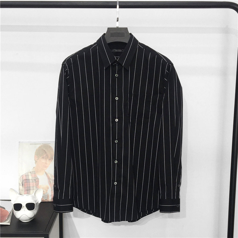 男士潮牌春秋新品休闲宽松长袖衬衫男抗皱条纹慵懒风韩版黑色衬衣