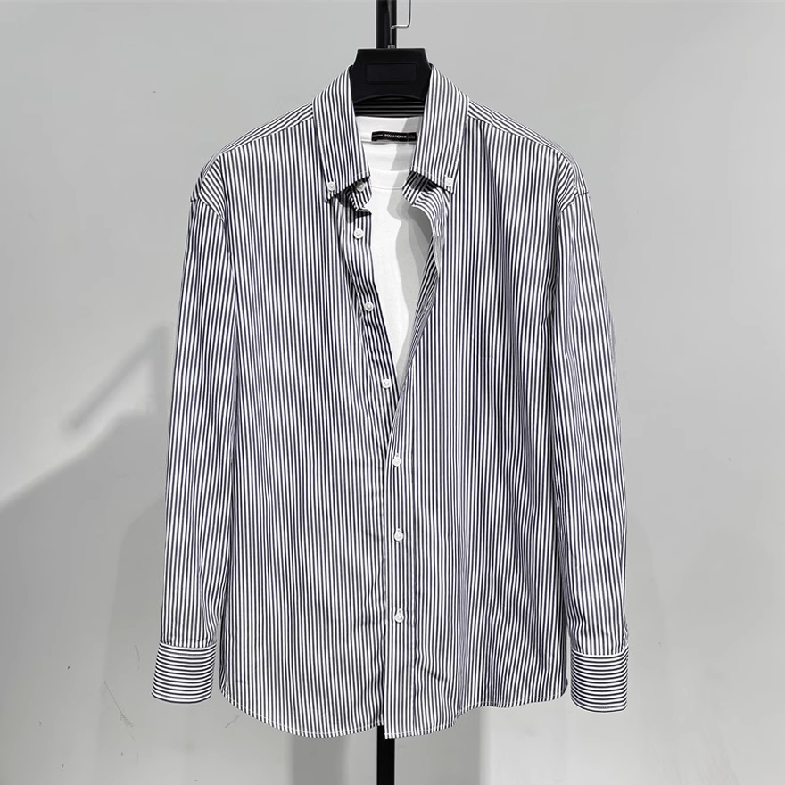 男装25年秋季款竖条纹精梳棉衬衫 纽扣领长袖灰白条纹宽松版衬衫