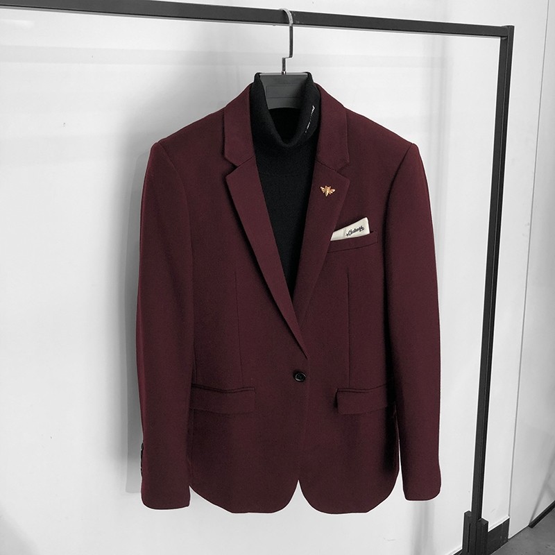 鸟款24年男士酒红色休闲西装韩版修身羊毛西服冬季新品单西外套潮