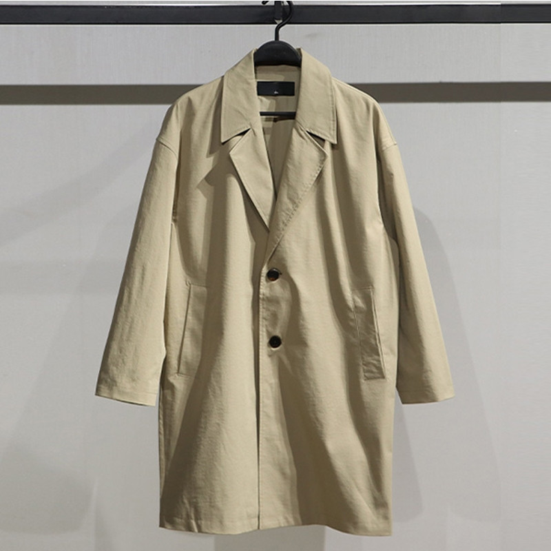 鸟款男士2023年秋季新品宽松版中长款西装领风衣卡其色单排扣外套