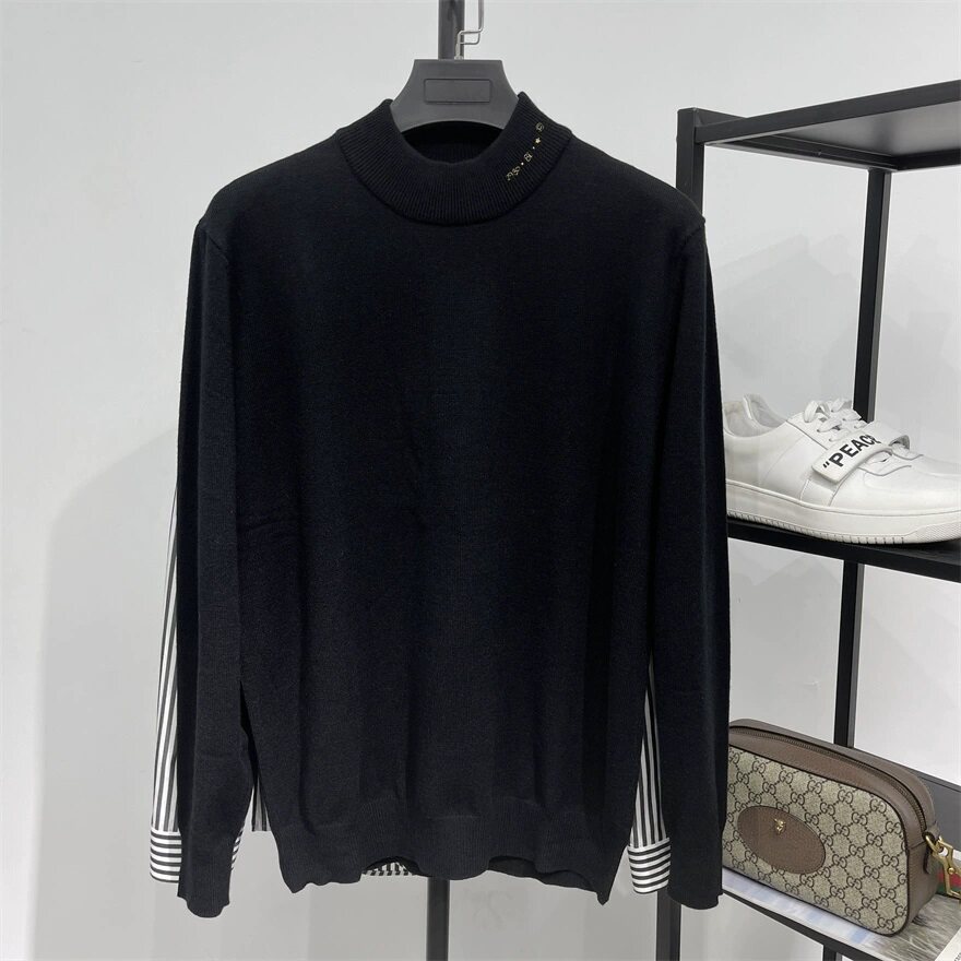 男士冬季新品半高领金线刺绣领毛衣纯黑色百搭中领针织打底羊毛衫