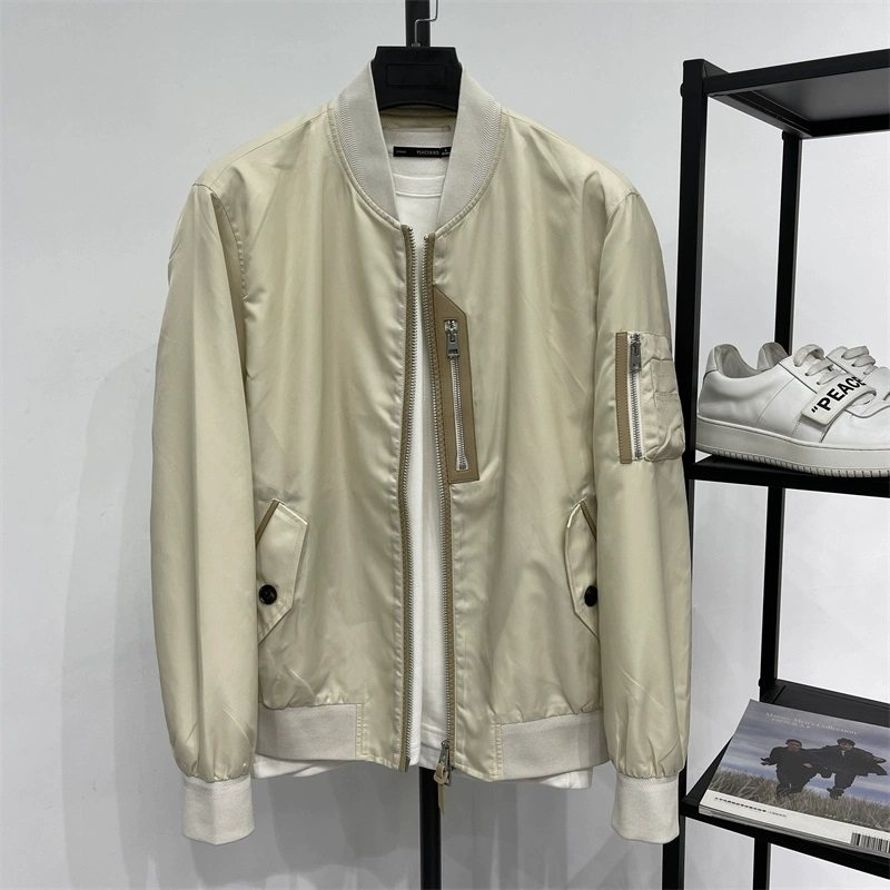 2024年秋季新品高端男士真皮拼接飞行夹克衫纯色休闲棒球领外套潮