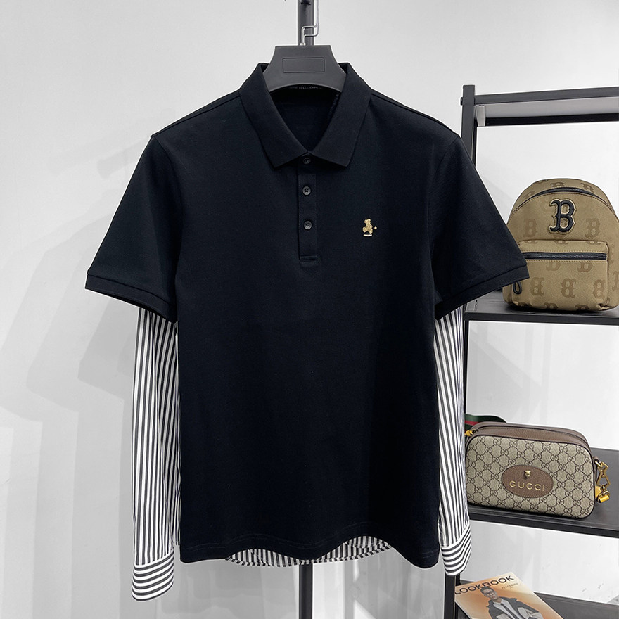 男士夏季新款纯棉修身POLO衫男双珠地黑色绣花短袖T恤翻领保罗衫