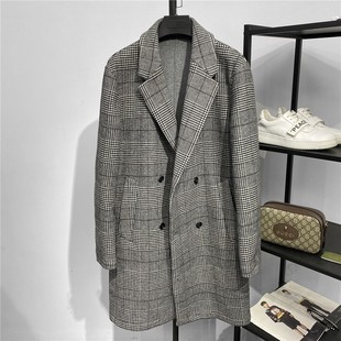 男装高端2025年冬季中长款双排扣双面羊毛呢大衣千鸟格羊绒外套潮