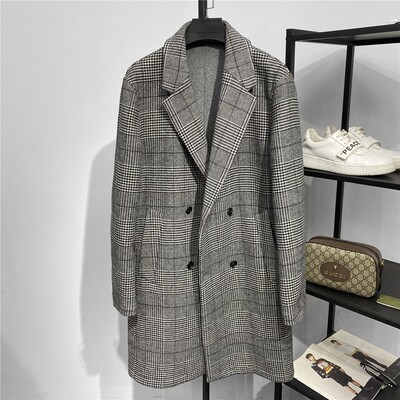 男装高端2024年冬季中长款双排扣双面羊毛呢大衣千鸟格羊绒外套潮