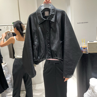 外套 短款 韩国高品质蝙蝠袖 蛋白皮机车服皮衣女春立领修身