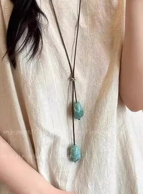 配饰女款吊坠绳木质项链森系挂脖毛衣链复古设计绿色长款圆珠小众