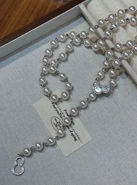 网红施家毛衣链串珠长款项链时尚气质贝母间隔珍珠葫芦扣女铜珠