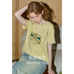圆领韩系上衣 库恩玛维显白小鸡黄短袖 T恤女2025夏季 新款 印花半袖