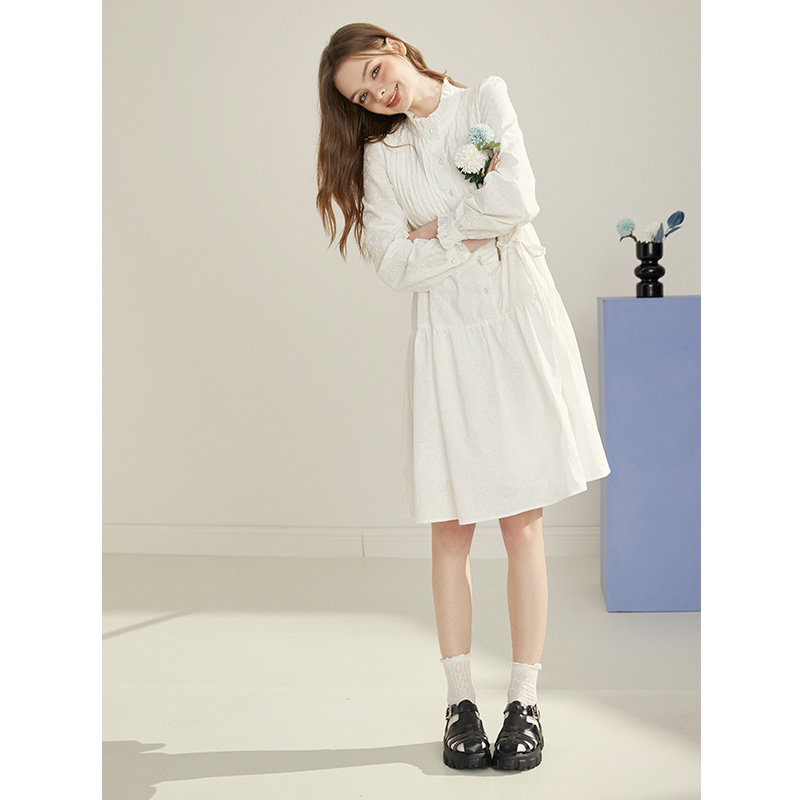 库恩玛维木耳边连衣裙女长袖2023年新款春季中长款白色腰带裙子