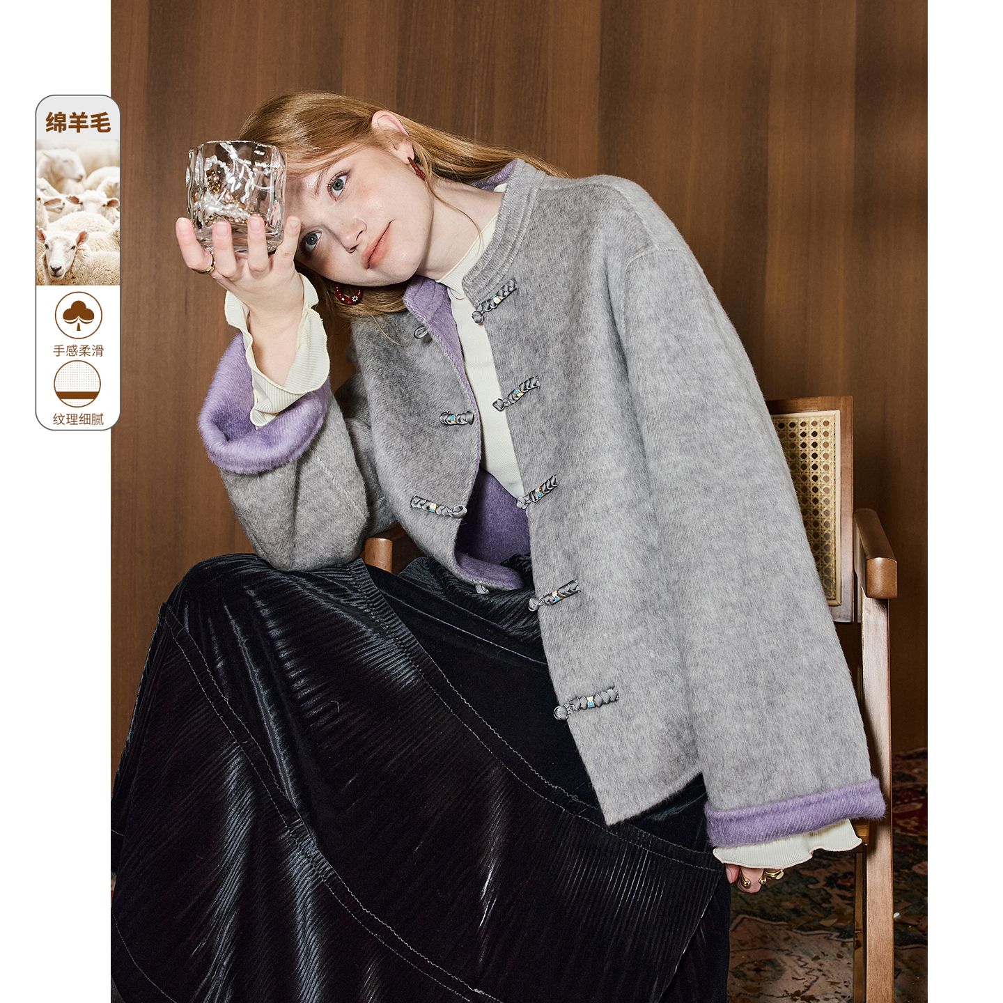 库恩玛维千金风灰色毛呢外套女冬