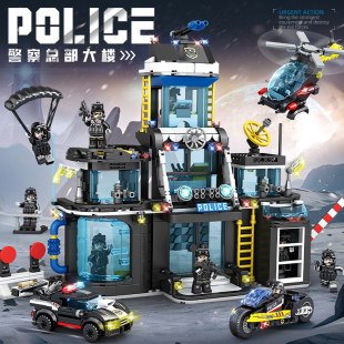 大号特警警察大楼积木拼装 警察汽车儿童 男孩益智玩具2025年新款