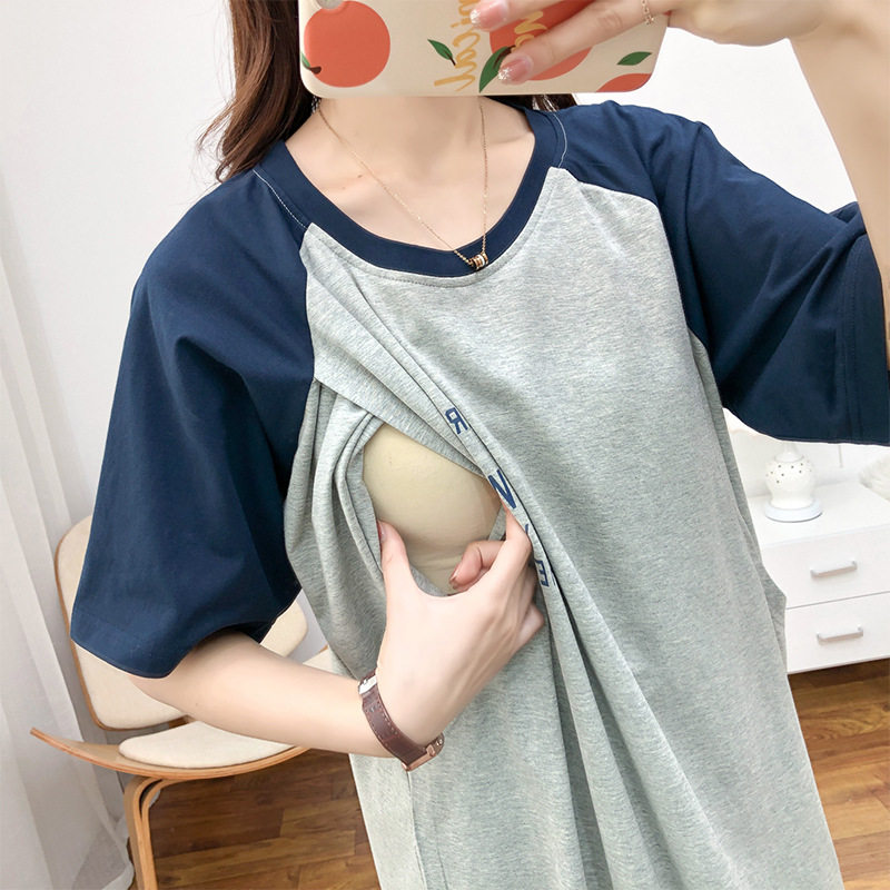 孕妇可哺乳睡裙夏装薄款喂奶期睡衣潮妈连衣裙外出穿产后哺乳T恤