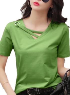 短袖女2020新款夏季白色t恤女V领宽松韩版黑色上衣休闲ins体恤潮