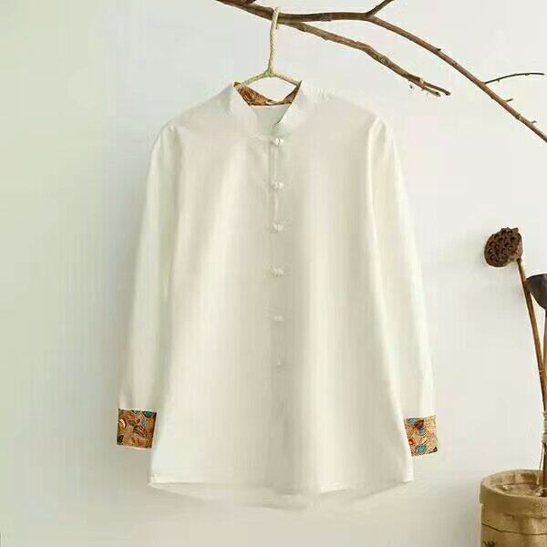 NEW CHINESE TANG SHIRT MENS LONG SLEEVE COLOR-BLOCKED TOP HANDMADE CLOTH BUTTONS CHINESE STYLE MENS SOLID COLOR CASUAL