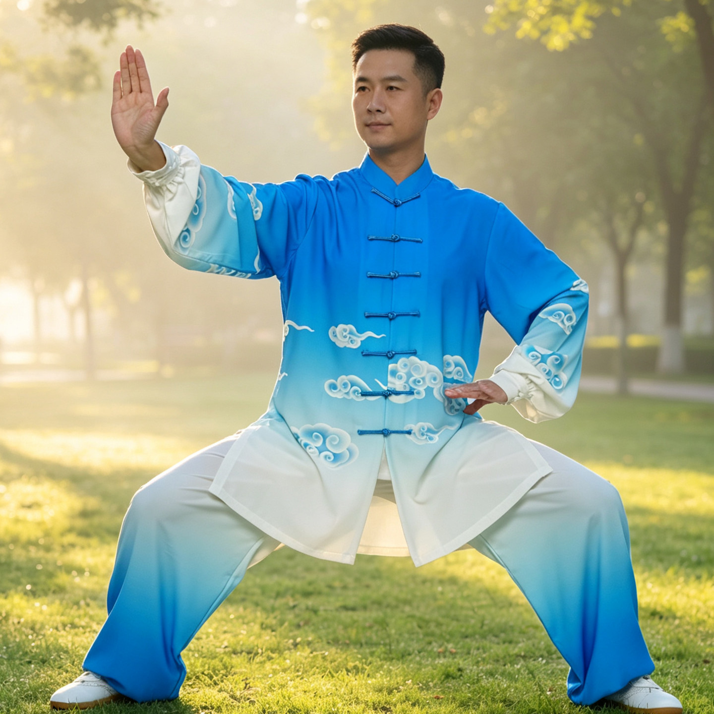 新款太极服男女春秋款蓝色渐变云朵比赛表演练功服武术八段锦服
