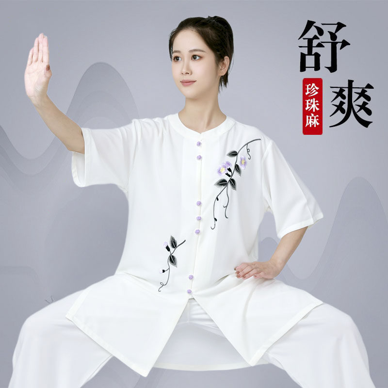 夏季休闲款太极服新式改良短袖女士健身气功练功表演服白色武术服
