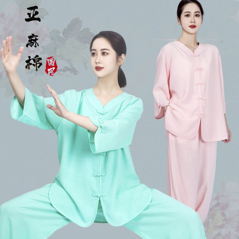 新款夏季太极拳练功服女短袖圆领7分袖中袖夏天棉麻中老年太极服