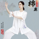 女式 新款 亚麻中国风 棉麻太极拳练功服短袖 薄款 太极服棉绸夏季 服装