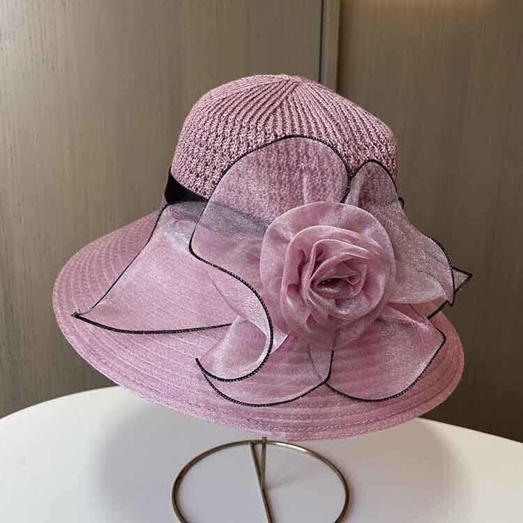 夏季新款透气网纱帽女士优雅花朵遮阳礼帽出游防晒可折叠太阳帽