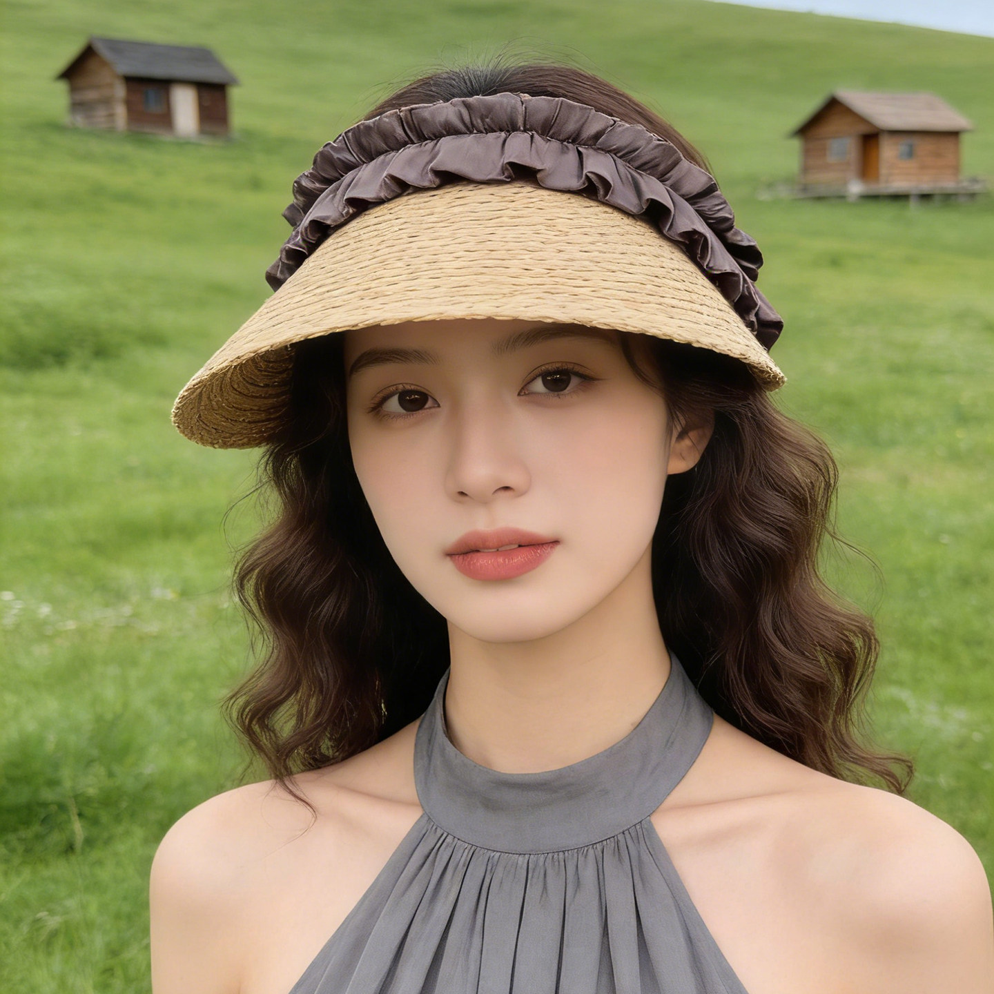 女士缎面草编空顶大沿防晒遮阳帽