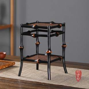筇竹小花台茶台大漆双层置物花架禅意茶室茶棚壶架桌面陈设竹摆件