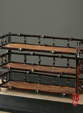 竹柒阁大漆筇竹杯架竹编茶棚桌面摆件博古架茶具收纳架竹子架茶架