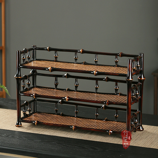 竹柒阁大漆筇竹杯架竹编茶棚桌面摆件博古架茶具收纳架竹子架茶架