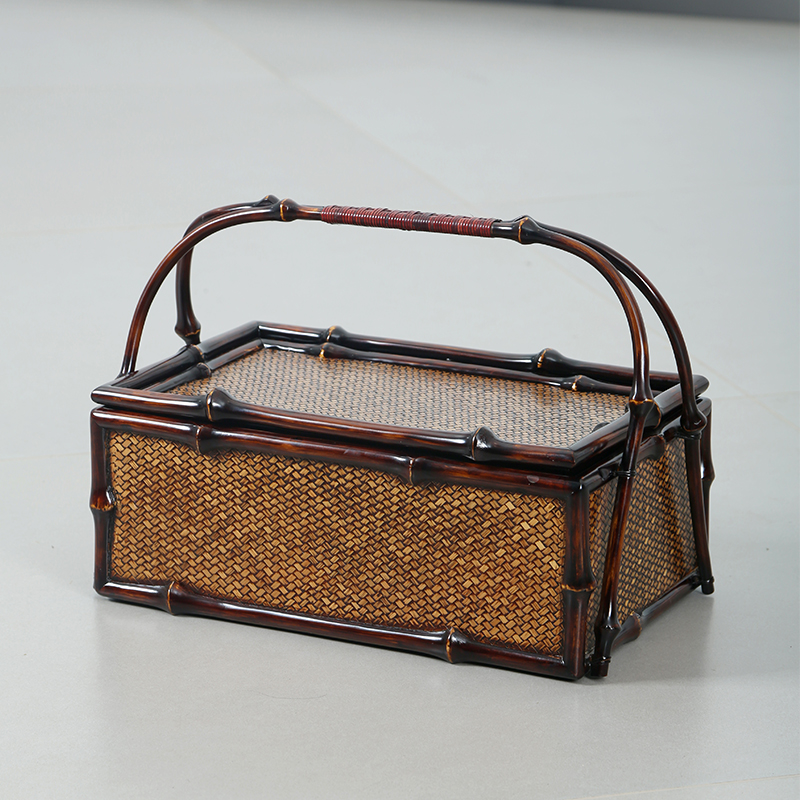 侘寂筇竹竹编提箱茶具收纳盒带盖