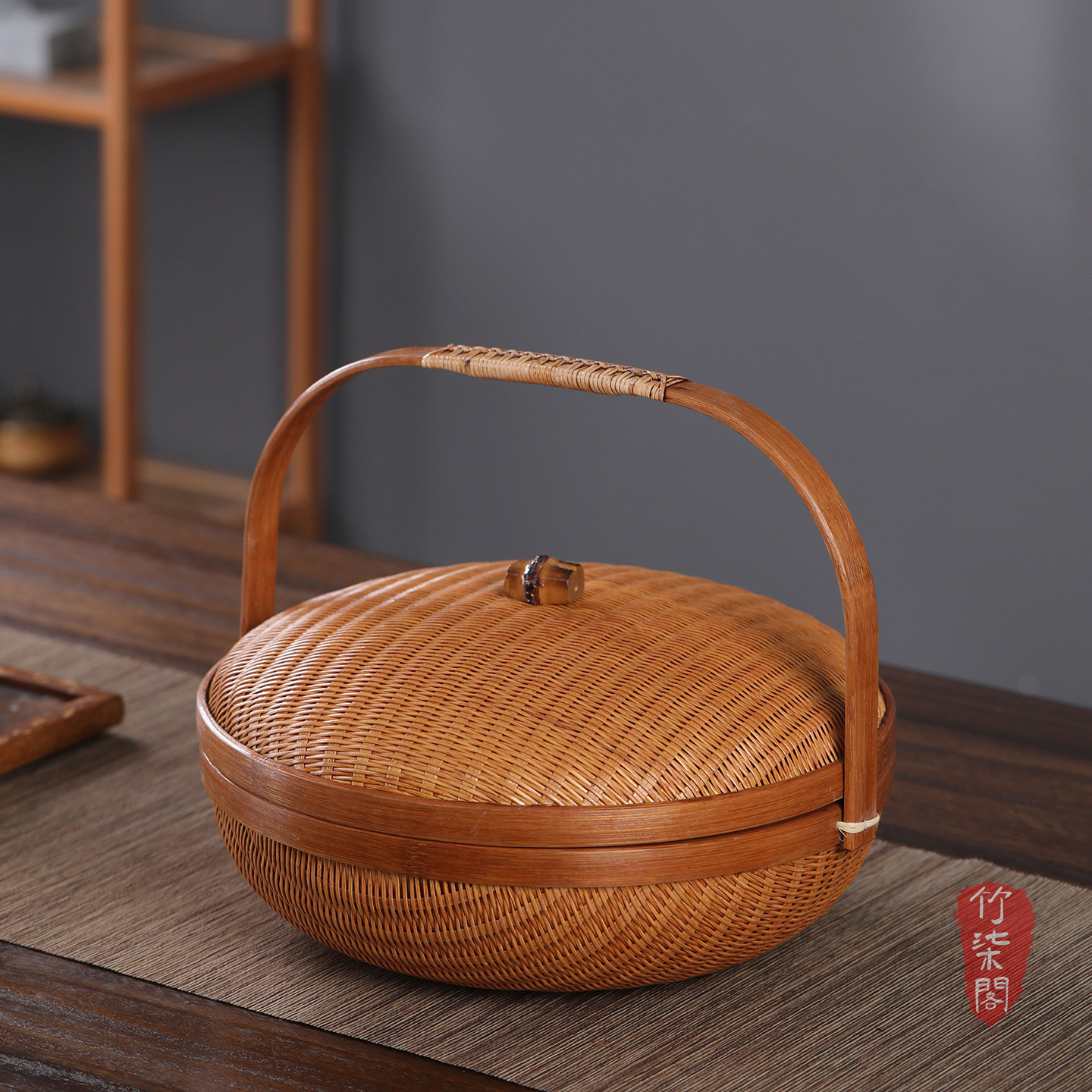 竹编提篮手工竹丝精编茶具收纳筐带盖水果篮家用点心篮馒头竹筐篓