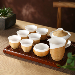 主人杯 手工竹丝扣瓷茶杯羊脂白玉盖碗送礼办公室竹编茶杯茶具套装