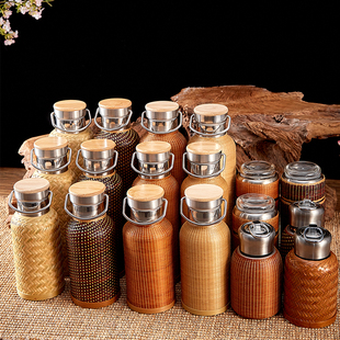 复古手工竹编竹丝不锈钢大茶壶保温壶大茶壶女杯保温杯水杯小茶杯